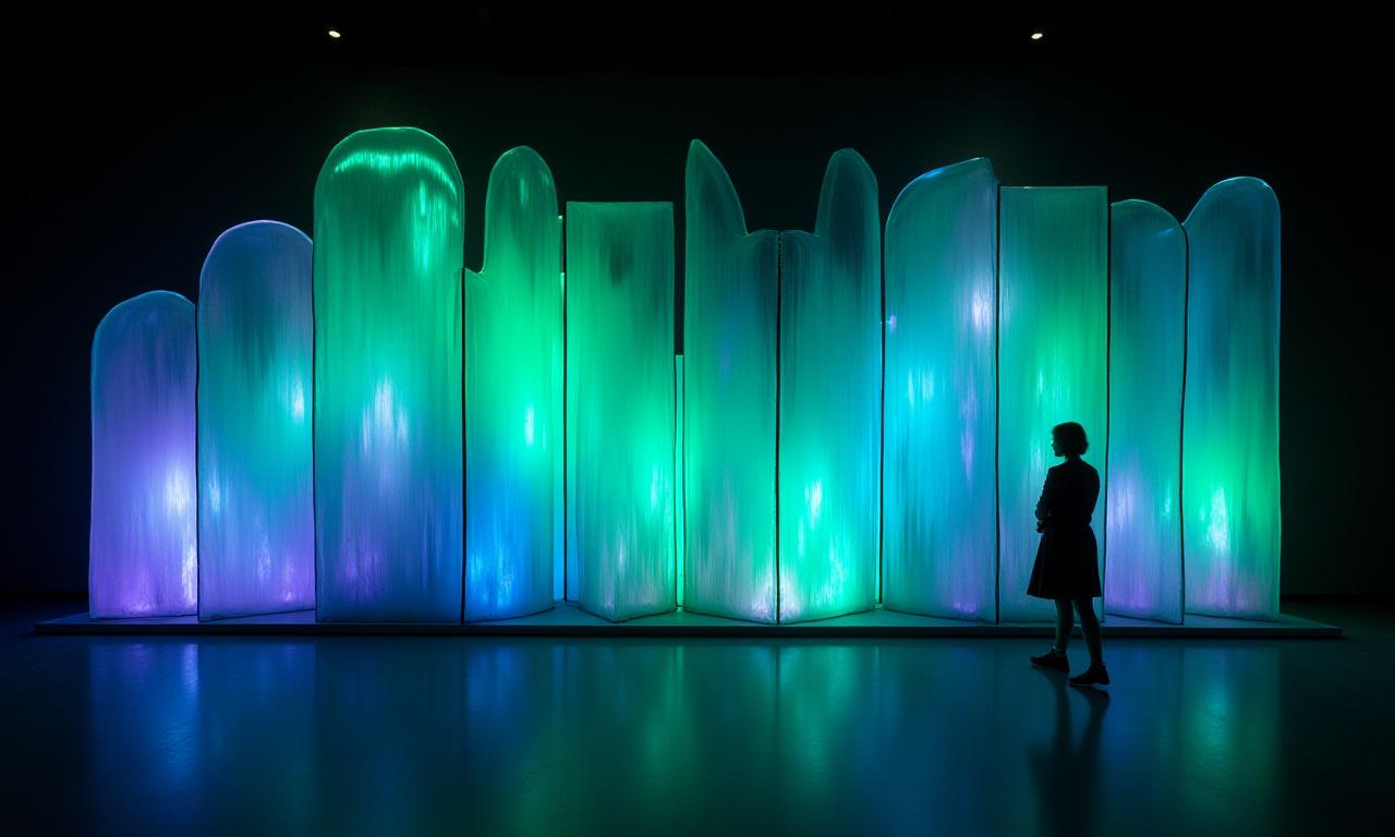 En stor, abstrakt vegginstallasjon av farget glass, formet for å etterligne nordlysets dansende former og farger i et mørkt rom.