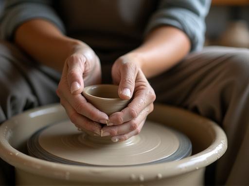 En konsentrert person som sitter ved en dreieskive, med leire som formes elegant mellom våte hender.