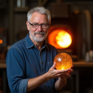 Portrett av glassblåser Ola Hansen med et glassobjekt i hånden, foran en ovn.
