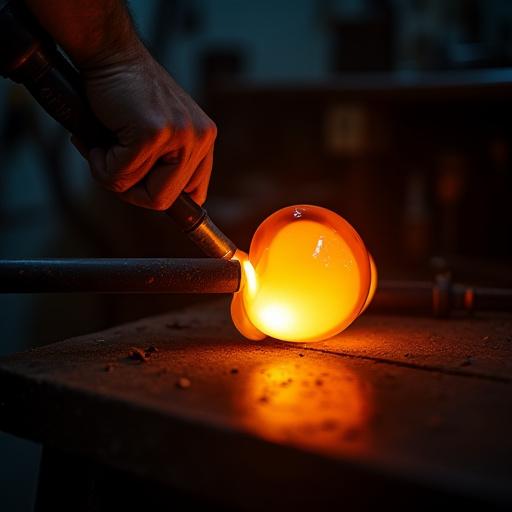 En glassblåser som former glødende glass over en pipe, med fokus på den intense varmen og den flytende formen.